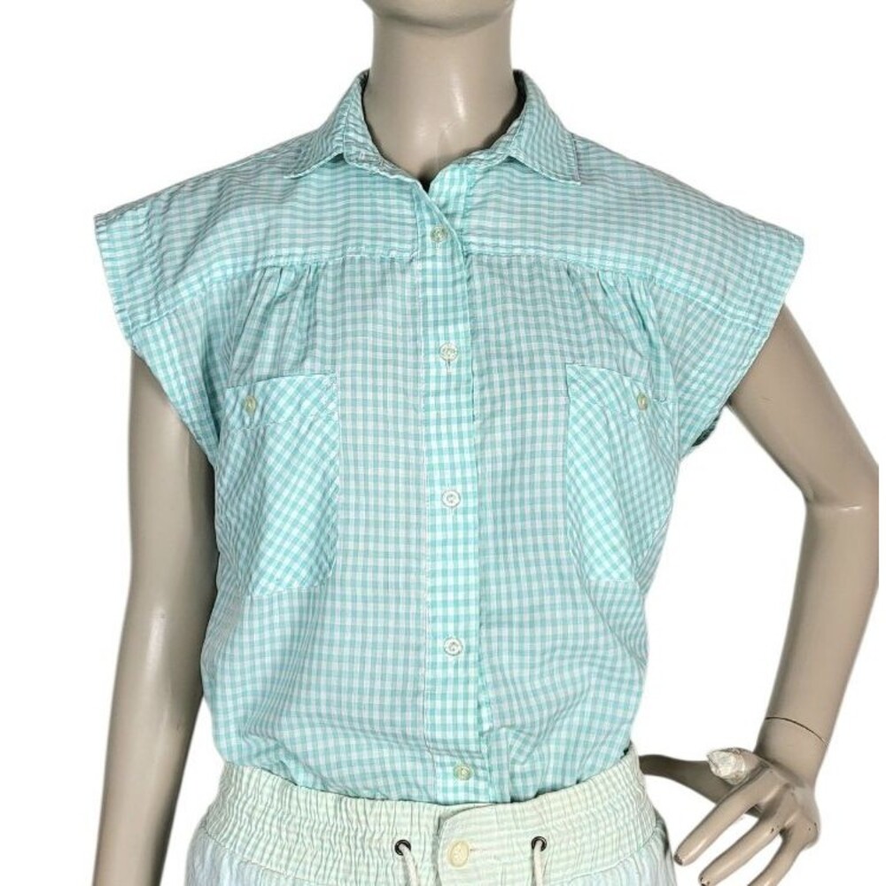 Vintage 80s Linnay Blue/White Check Cap Sleeve Button-Down Womens Shirt